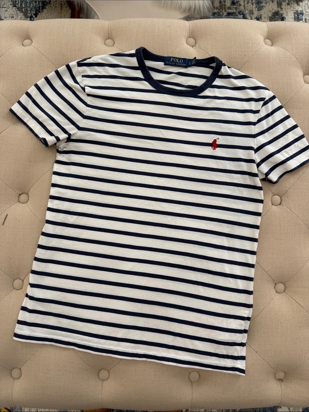 Polo by Ralph Lauren Women's Navy & White Stripe Tee with Red Pony